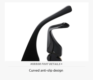 Detail of curved anti-slip mirror foot on black sunglasses with glossy finish