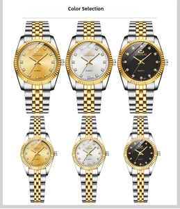 Detailed close-up of quartz couple watches with two-tone steel bands and diamond markers