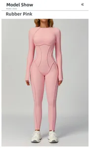 Front view of dusky pink long sleeve yoga jumpsuit with contouring seam details