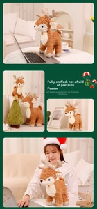 Detail of plush reindeer doll with curly fur and golden bell for Christmas decor