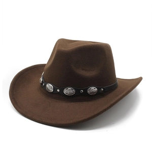 Brown wool felt cowboy hat with black leather band and silver floral metal studs