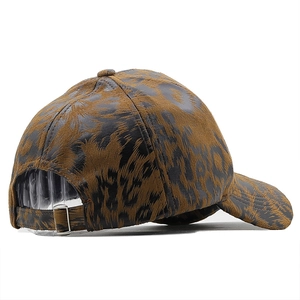 Adjustable leopard print baseball cap in brown animal pattern with metal buckle