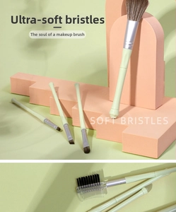 Detail of soft gradient bristles on Matcha green makeup brushes with fine fiber texture