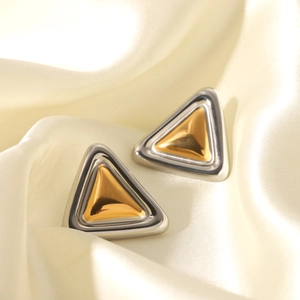 Modern gold and silver mixed color triangle stainless steel stud earrings on satin
