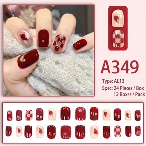 Short press-on nails set with red checkerboard heart and glitter patterns, 24 pieces