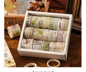 Close-up of vintage washi tape set in a gift box with botanical and butterfly patterns