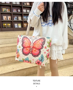 Detailed view of canvas tote bag featuring vibrant butterfly and floral prints on off-white