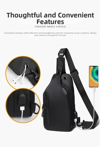 Detail showing waterproof matte fabric with built-in USB charging port and headphone jack
