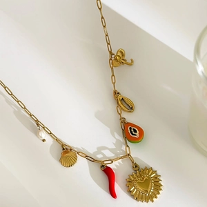 Bohemian 18K gold plated necklace with heart, shell, and chili charms on paperclip chain