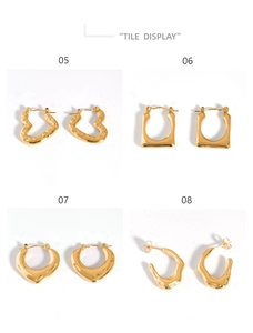 Flat display of four minimalist irregular gold stainless steel earrings styles 05 to 08