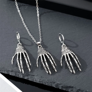 Skeleton Hand Pendant Necklace And Earrings Gothic Punk Retro Vintage Alloy Jewelry For Women Men Halloween Party