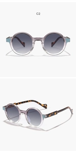 Front and side view of round transparent grey sunglasses with gradient purple lenses