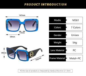 Size chart showing 147mm width and specifications for unisex square fashion sunglasses