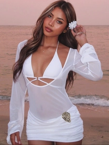Haut De Bikini Cache-Maillot En Maille À Manches Longues Et Mini-Jupe Froncée Blanche Pour Femmes Plage