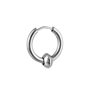 Detailed close-up of a silver stainless steel hoop earring with an olive-shaped metal pendant