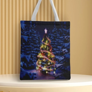 Detail of Christmas tree print on high-quality white canvas tote bag with lights