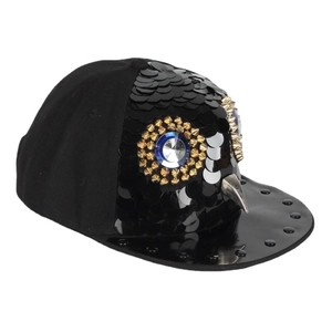 Hip-hop snapback hat with sequined owl design, rhinestones and metal rivets on flat brim