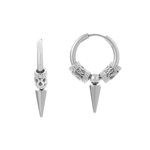 Men's hip hop silver hoop earrings featuring vintage patterns and sharp cone pendants