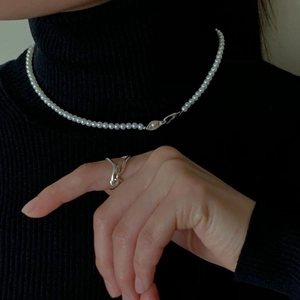 French style 925 silver pearl necklace and minimalist irregular ring set on a model