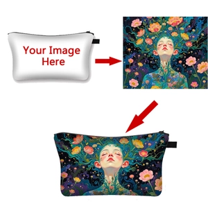 Custom polyester makeup bag with fantasy illustration print and zipper closure