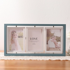 Rotating Nordic wood 3-frame photo display in Morandi blue with 360-degree rotation