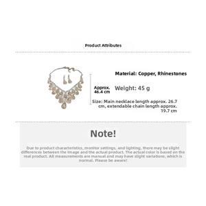 Detailed size measurement of copper water-drop necklace with rhinestones and matching earrings