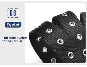 Close-up of black woven nylon belt with durable silver metal eyelets for easy adjustment