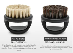 Detail view of beard brushes with light boar bristles and dark horse hair nylon blend