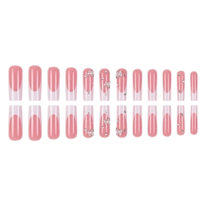 French style pink press-on nails set with 24 pieces featuring silver butterfly and rhinestones