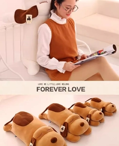Detail view of plush dog pillows in multiple sizes with soft brown and white fur textures