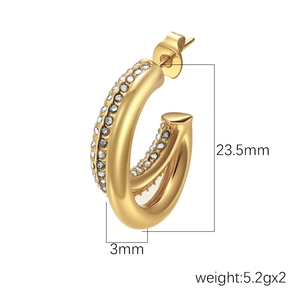 C-shaped 18K gold-plated stainless steel hoop earrings with diamonds and twist texture