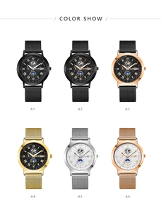 Detail of diverse stainless steel mesh band men's watches with sun-moon phase dials