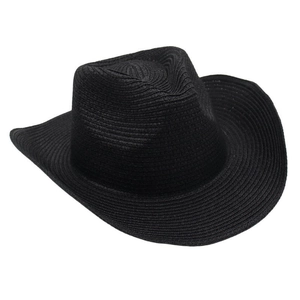 Detail of the woven texture and curved brim of a solid black straw cowboy hat