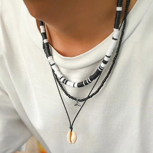 Three-layer shell and fish tail beaded necklace for men with clay beads hip-hop style