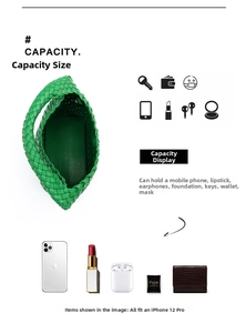 Detail showing the internal storage capacity of the green woven hobo tote with daily essentials