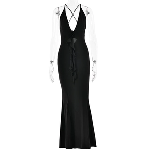 Detail of black deep V-neck evening dress with 3D rose and ruffle hem on ghost mannequin