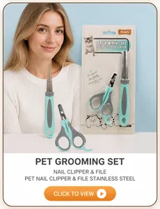 Close-up of pet nail clippers and file set with mint green handles for grooming