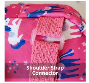 Detail of pink cartoon backpack strap with adjustable plastic buckle and unicorn print