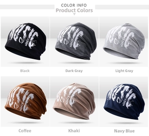 Detailed color selection of knitted beanies in black, grey, coffee, khaki and navy blue