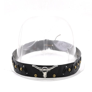 Black leather hat band featuring a silver bull head emblem and vintage gold studs