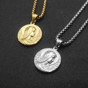 Detailed relief of Santa Maria on gold and silver vintage stainless steel round pendants