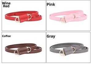 Detail showing women's slim PU belts in four colors with gold horseshoe metal buckles