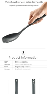 Detail of grey silicone spatula with wide head and long ergonomic handle for cooking