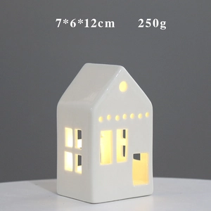 White ceramic house ornament with LED light, size 7x6x12cm and 250g weight details