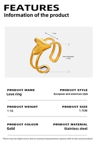 Macro shot of 1.1cm wide gold stainless steel heart ring with detailed size measurements