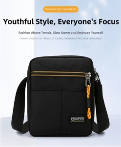 Close-up of durable Oxford fabric messenger bag with zipper detail and fashion sport label