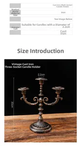 Detailed dimension chart showing a 30cm high vintage 3-arm cast iron candle holder