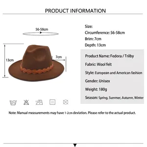 Brown wool fedora jazz hat with woven band including detailed size measurements