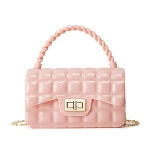 Chic pink PVC jelly handbag with quilted pattern and gold chain crossbody strap