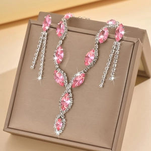Pink marquise crystal necklace and tassel earrings set in a premium jewelry box